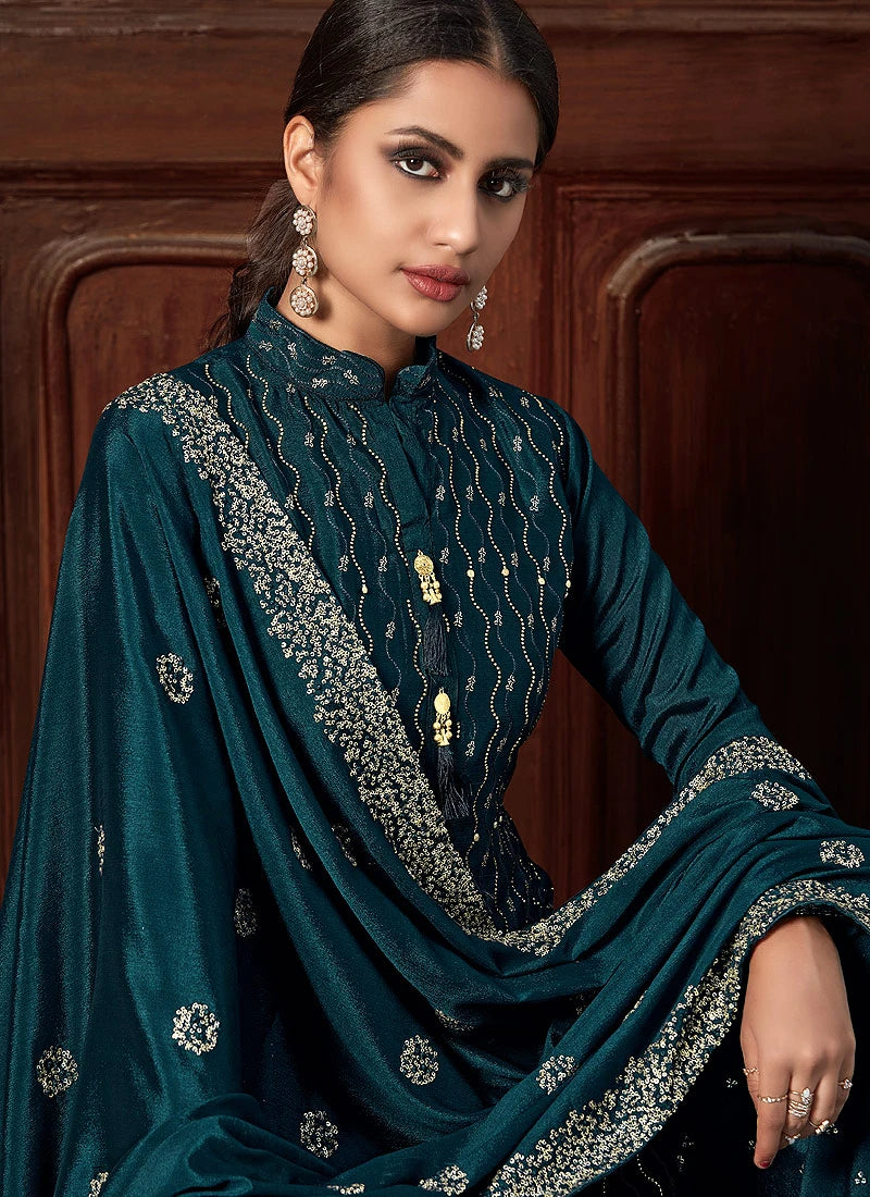 Teal Blue Chinon Trendy Palazzo Salwar Suit