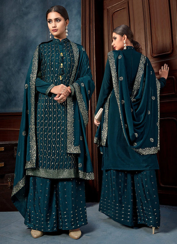 Teal Blue Chinon Trendy Palazzo Salwar Suit