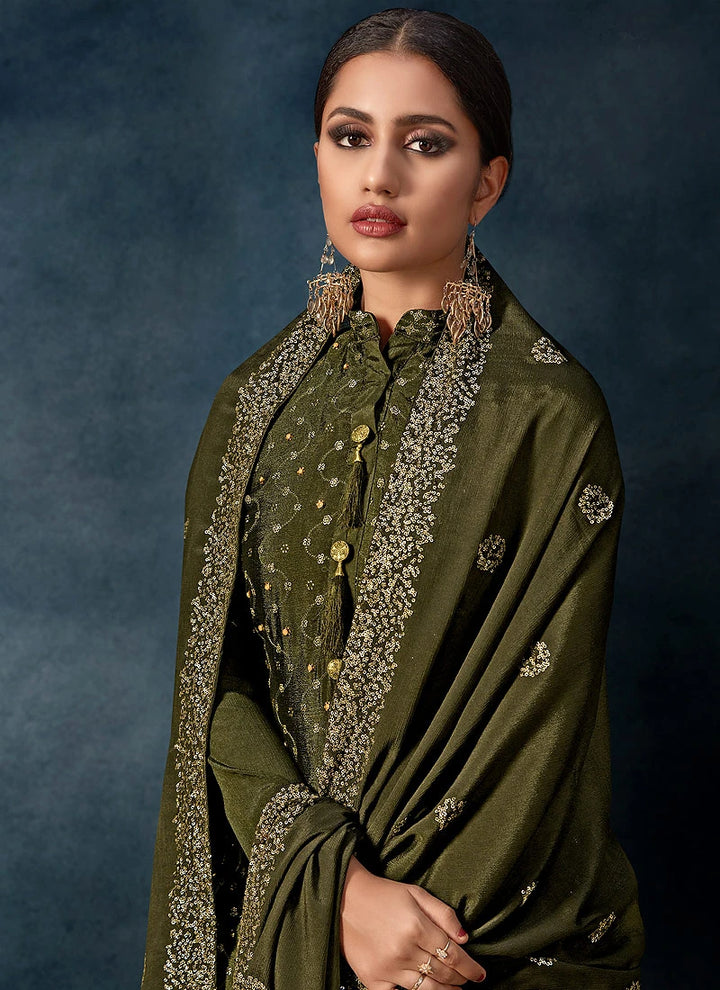 Staggering Green Chinon Trendy Palazzo Salwar Suit