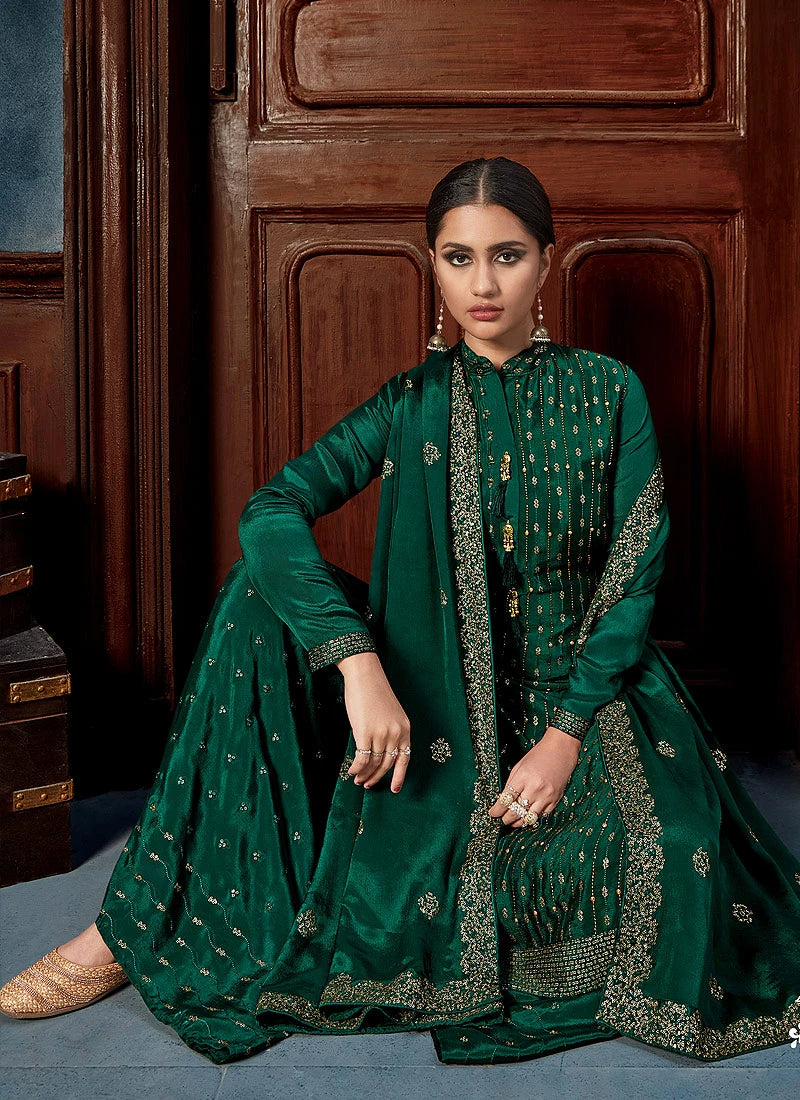 Catchy Green Chinon Trendy Palazzo Salwar Suit